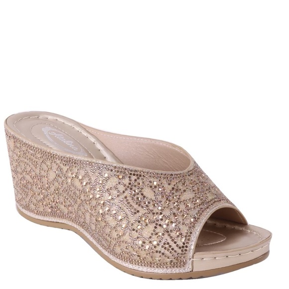 Italina Black Rhinestone Embellished Wedge Heeled Padded Slide Sandals - Picture 10 of 12